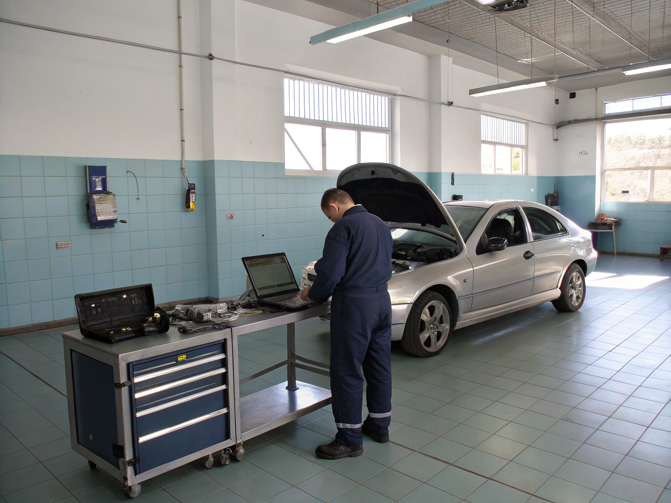 Automotive catalytic converter and exhaust manifold assembly inspected under vehicle lift