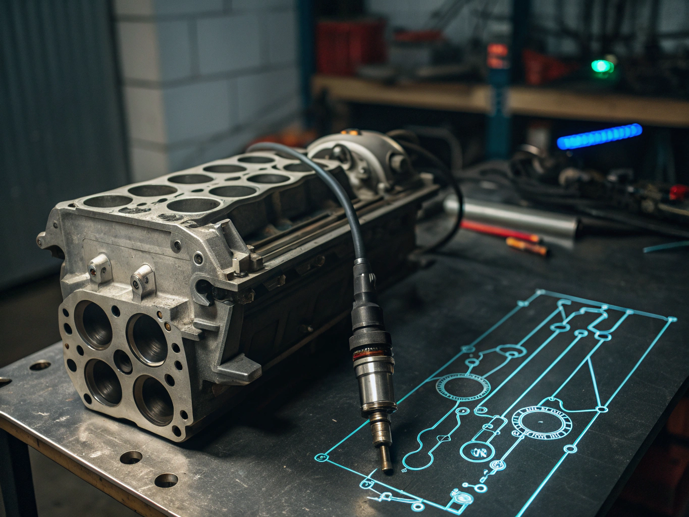 High-pressure automotive fuel pumps and injector hardware on workshop bench
