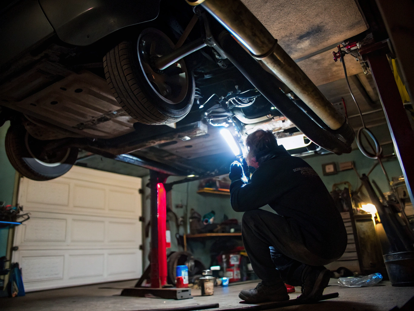 Clean automotive exhaust underbody installation showing catalytic converters and stainless piping