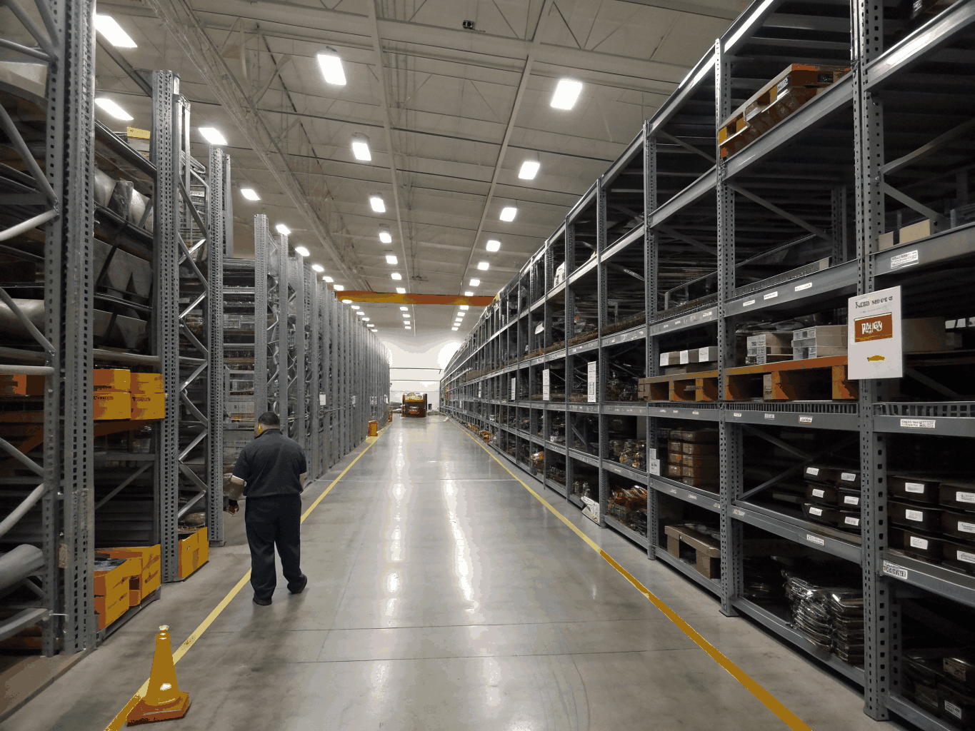 Industrial warehouse shelving lined with precision mechanical fuel and exhaust components