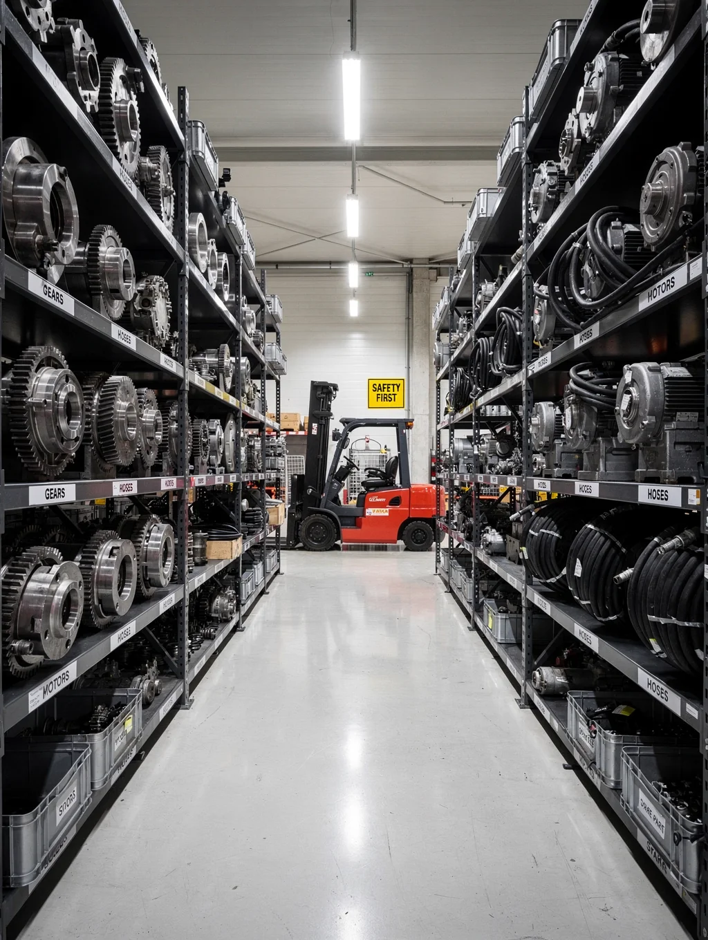 Packaged automotive replacement parts staged on warehouse steel shelving ready for dispatch